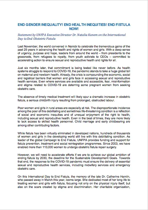 Statement by UNFPA Executive Director Dr. Natalia Kanem on the International Day to End Obstetric Fistula 