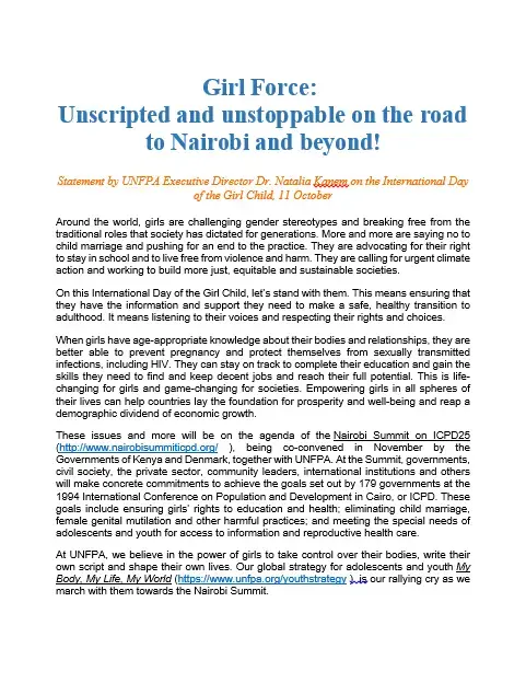 Statement by UNFPA Executive Director Dr. Natalia Kanem on the International Day of the Girl Child, 11 October 2019