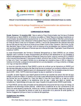 Communiqué de Presse_Atelier Régional de partage d’expériences sur l’autonomisation des adolescentes et jeunes femmes.