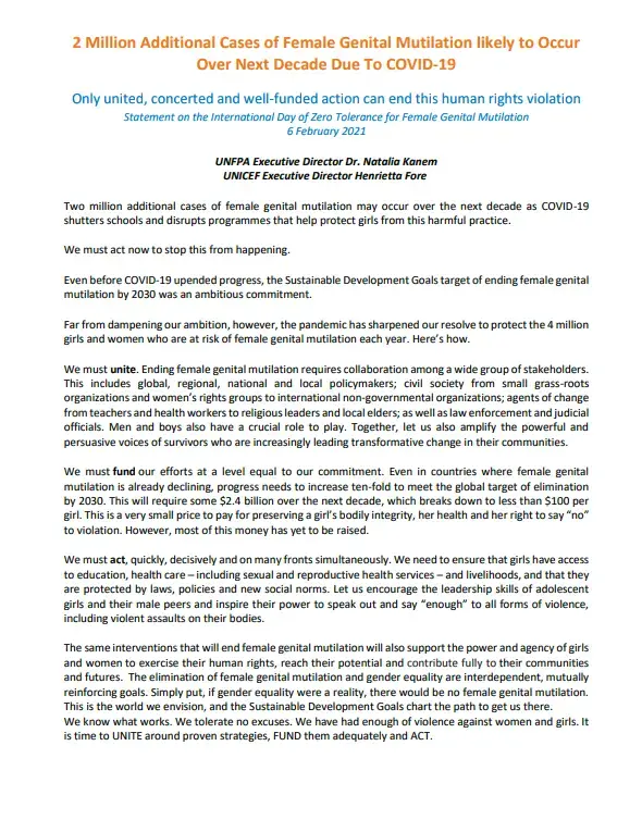 UNFPA/UNICEF joint statement on the International Day of Zero Tolerance for FGM. 