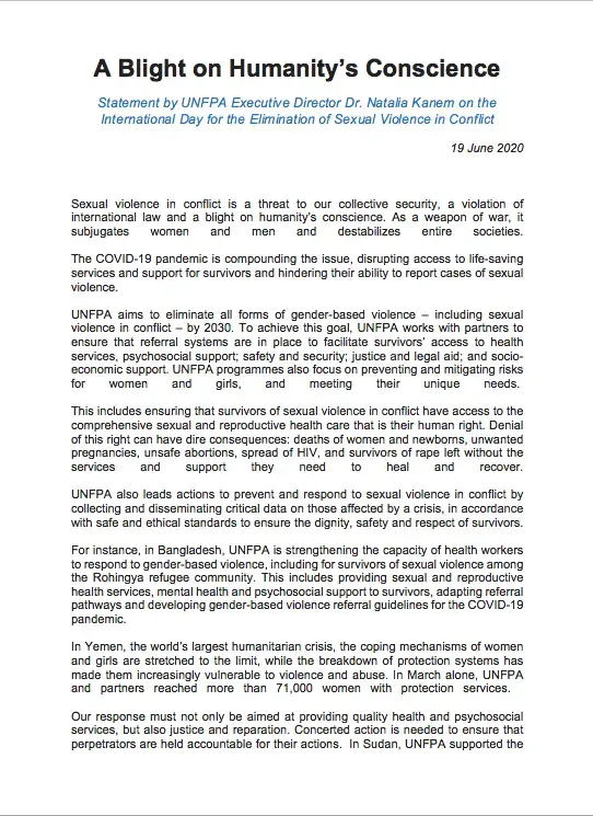 Statement by UNFPA Executive Director Dr. Natalia Kanem on the International Day for the Elimination of Sexual Violence in Conflict