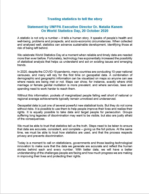 Statement by UNFPA Executive Director Dr. Natalia Kanem on World Statistics Day, 20 October 2020