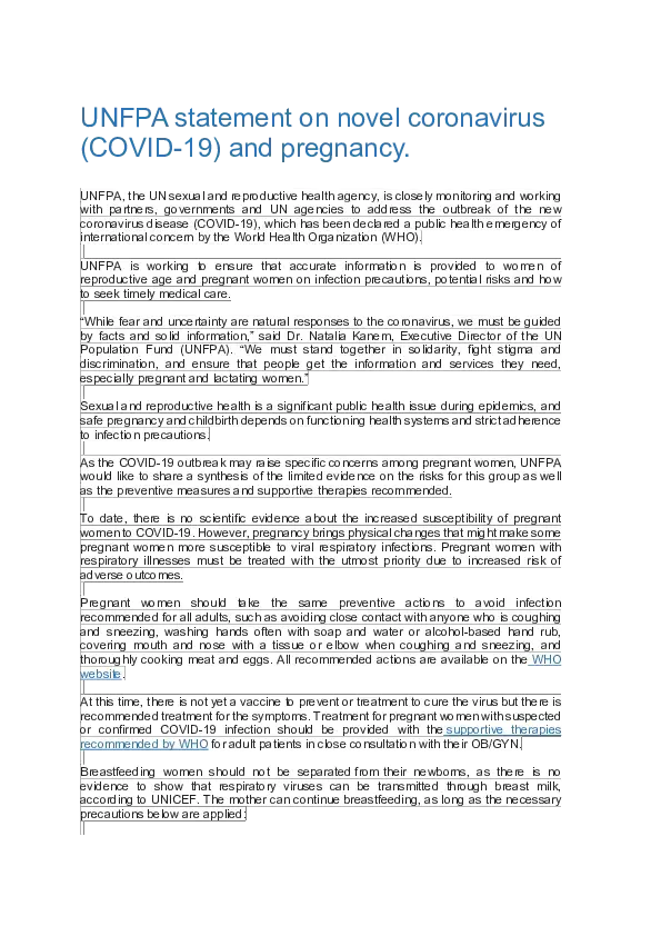 UNFPA statement on novel coronavirus (COVID-19) and pregnancy.