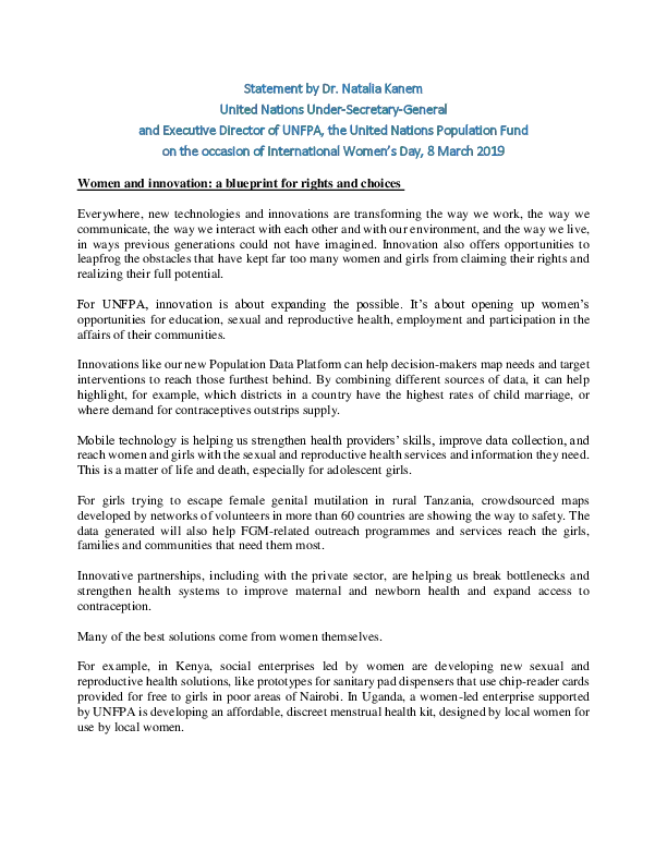 Statement by Dr. Natalia Kanem  United Nations Under-Secretary-General  and Executive Director of UNFPA, the United Nations Population Fund  on the occasion of International Women’s Day, 8 March 2019